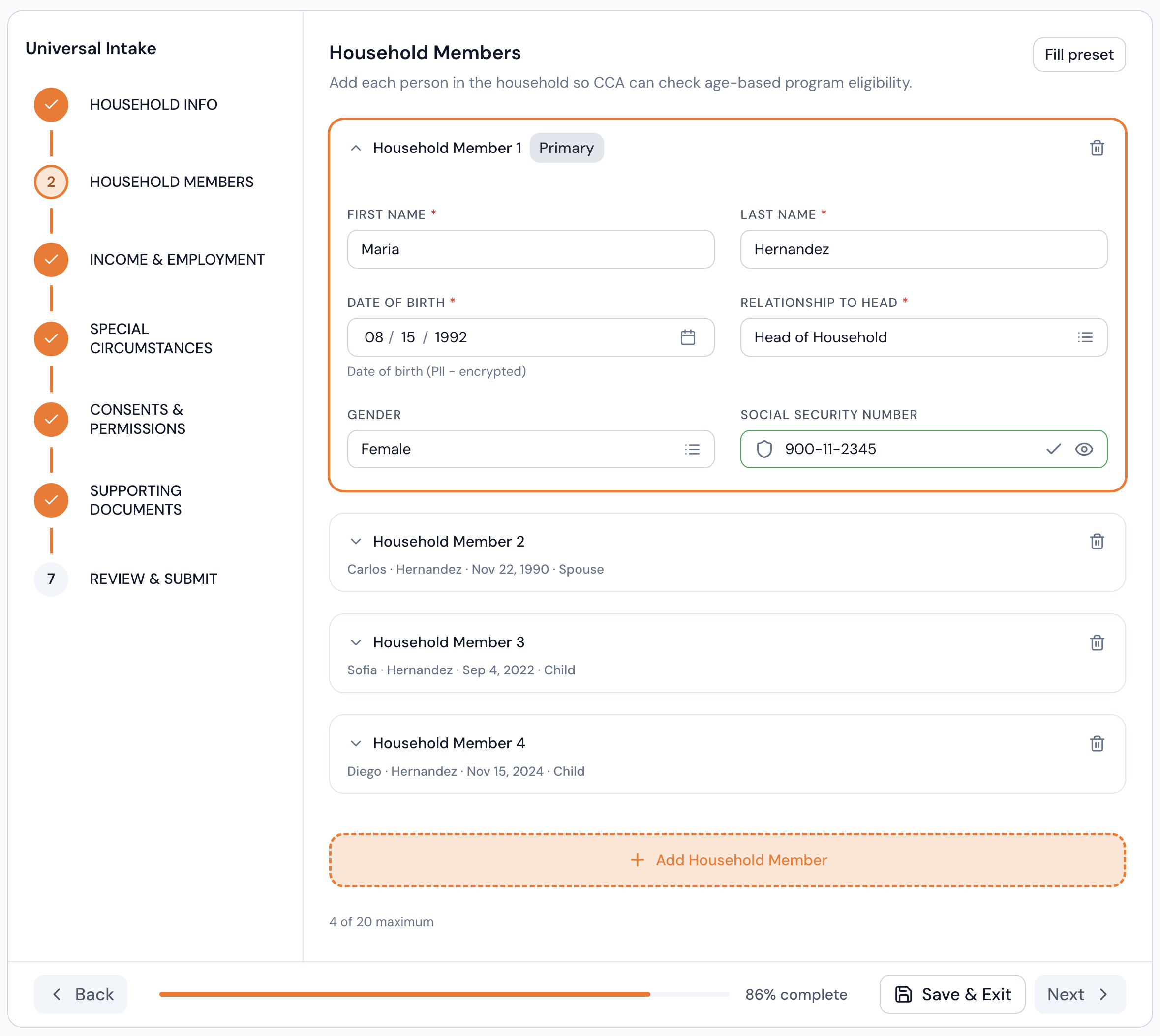 Cohesive Community household intake interface